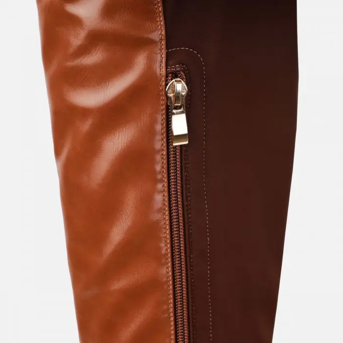 over the knee thigh high long biker boot in brown faux leather and lycra for women and laddies