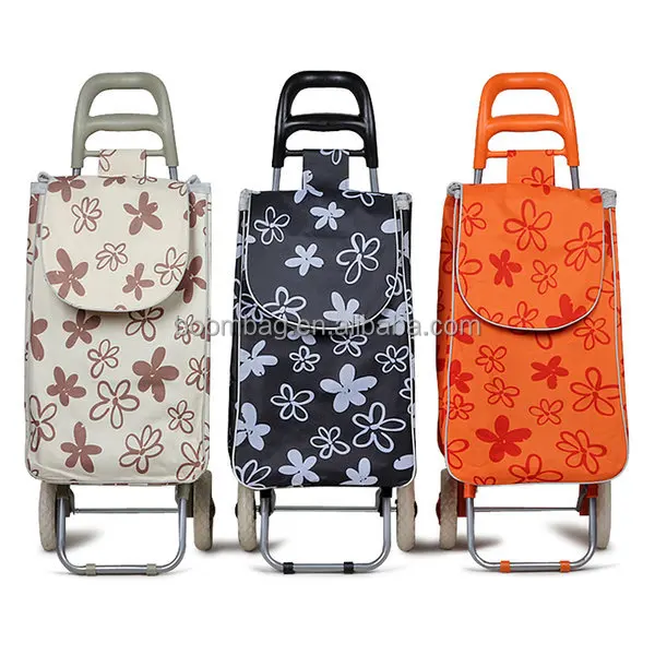 Floral Overall Printing Folding Festival Grocery Shopping Trolley Luggage Bag With Wheels
