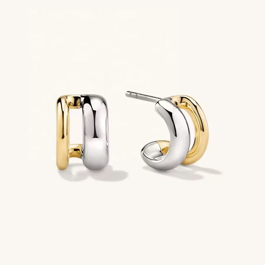 YINJU 925 Sterling Silver Gold Hip Hop Trending Jewelry Minimalist Two Tone Double Hoop Earrings