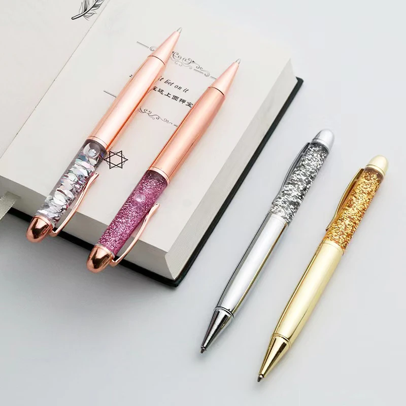 novelty fashion beauty golden metal ballpoint pen customized logo liquid water floating foil naked glitter pen