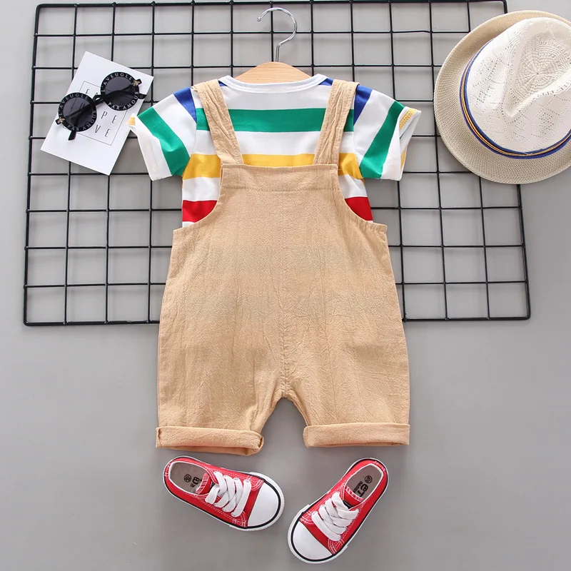 Summer Fashion Baby Boys Girls Clothes Suit New Children Girl Stripe Top With Suspender Shorts 2pcs Sports Kids Tracksuits