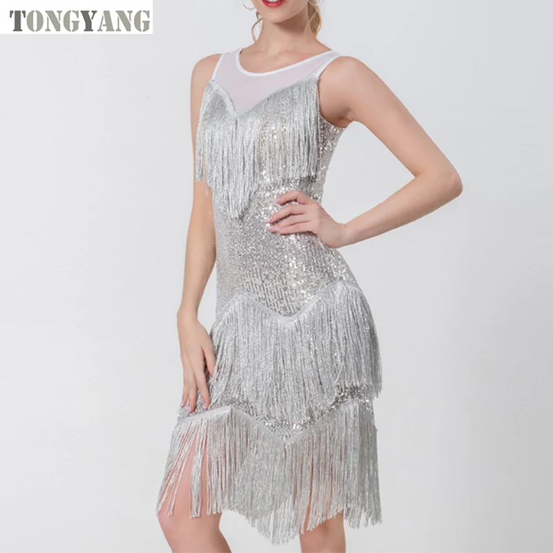 TONGYANG Womens Sparkly Sequins Tassel Dance Dresses Fringe Latin Samba Tango Wear Womens Dresses Stage wear
