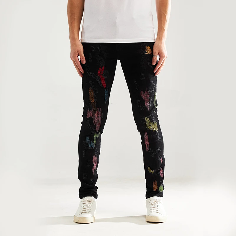 DiZNEW Plus Size Pocket Jeans Denim Factory Custom Fashion Men High Quality Man Jeans Black Beading Rhinestone Jeans For Man