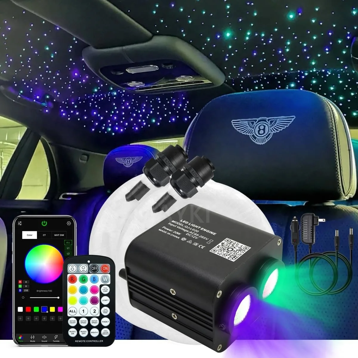 Dual Color 20W Sound Activated Fiber Optic Starlight Headliner Kits 1200pcs*0.03in*13.1ft Strands