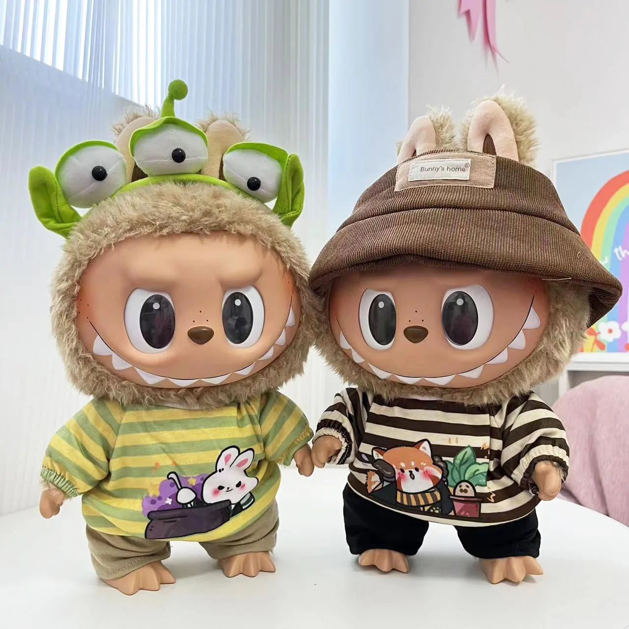 2250 38cm Vinyl Plush Replacement Labubu Doll Striped Animal Shirt Suit Cute Dress Outfit Clothes Only Labubu