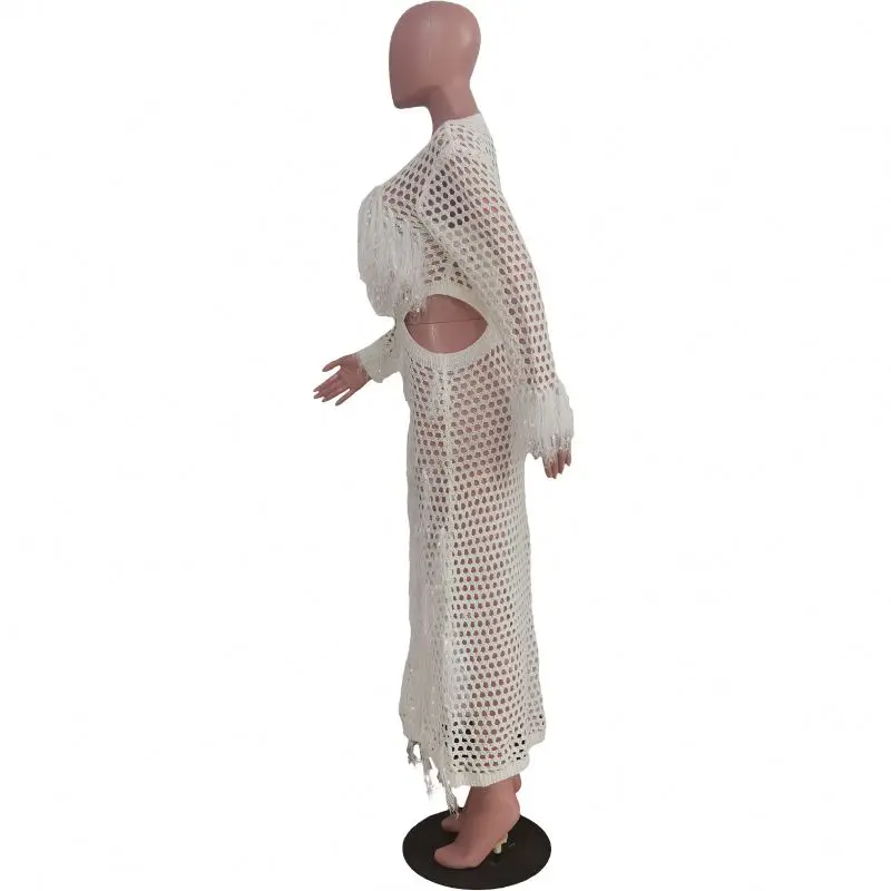 new arrivals 2024 sexy hollow out knit crochet dress ladies elegance tassels fringe maxi dress club party dress