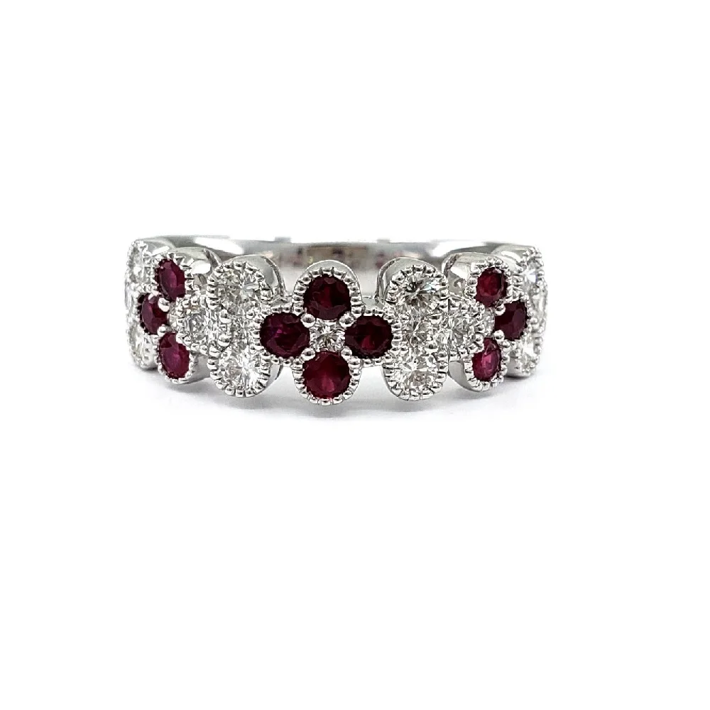 Best Workmanship Jewellery Shinning High Quality 14k Solid White Gold Real Diamond Myanmar Flower Ruby Ring Band For Women