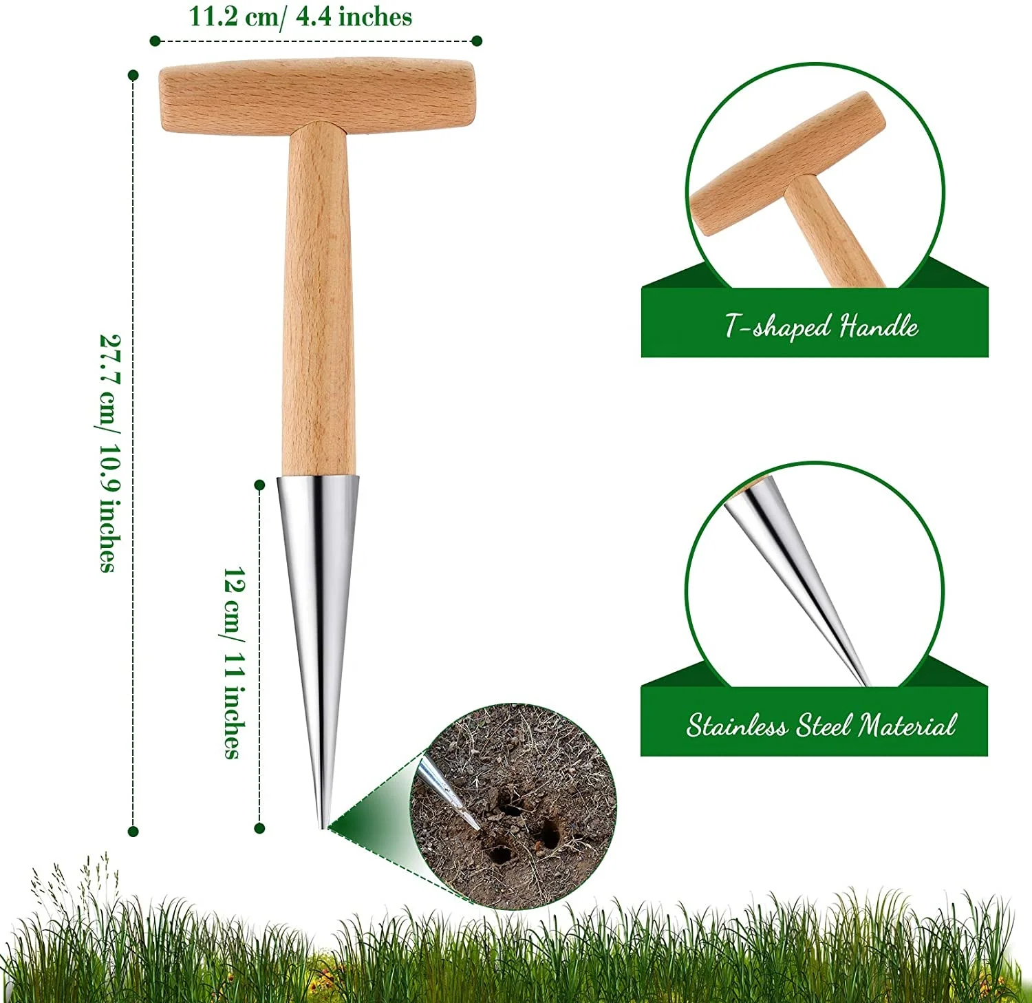 Manufacturer Supply Wood Handled Stainless Steel Sow Dibber for Digging Seeding Transplanting Loose Soil