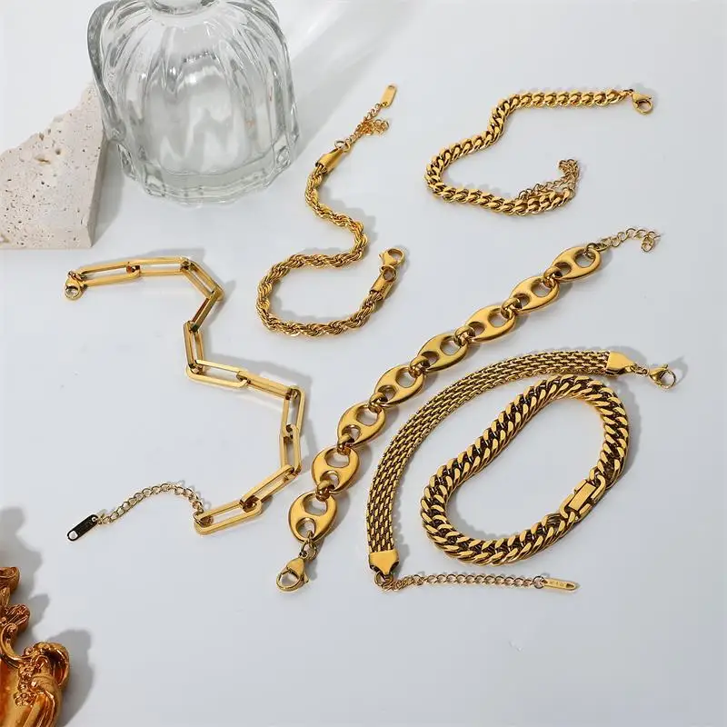 Wholesale Miami Cuban Chain Bracelet Bangle Flat Snake Stacking 18K Gold Plated Stainless Steel Link Bracelet For Women Jewelry