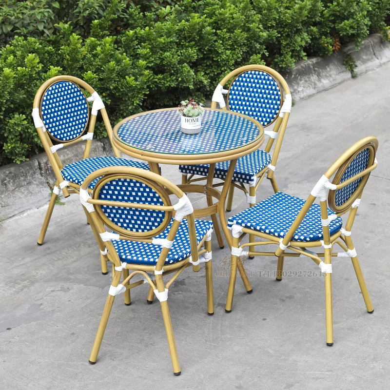 2+1 French Cafe set Bistro Chair Aluminum PE Blue cane chair Balcony Garden armless chair