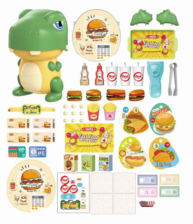 2022 Kids Play Kitchen Pretend Play Set Toys 2 in 1 Cartoon Dinosaur Fast Food 53 PCS Kitchen Accessories Plastic Kitchen Toys
