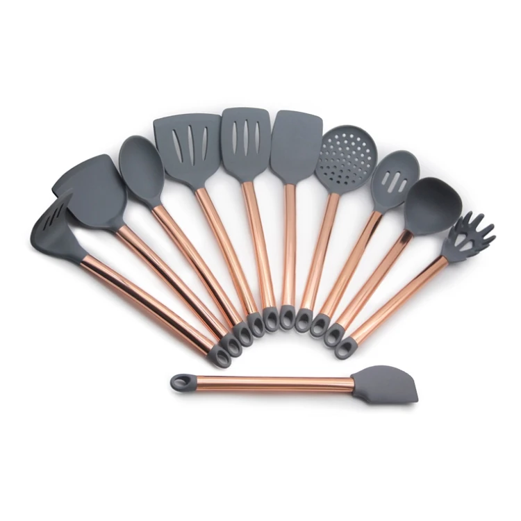 Non-stick Kitchen utensil Set 11 pcs Silicone Cooking Turner Set incl. Spoon scraper masher skimmer gold handle