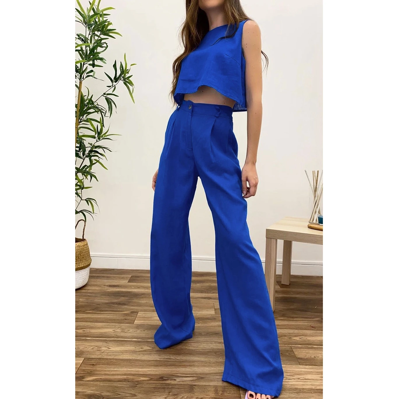 Summer pajamas loose loungewear solid color outerwear cotton and linen 2 piece set women