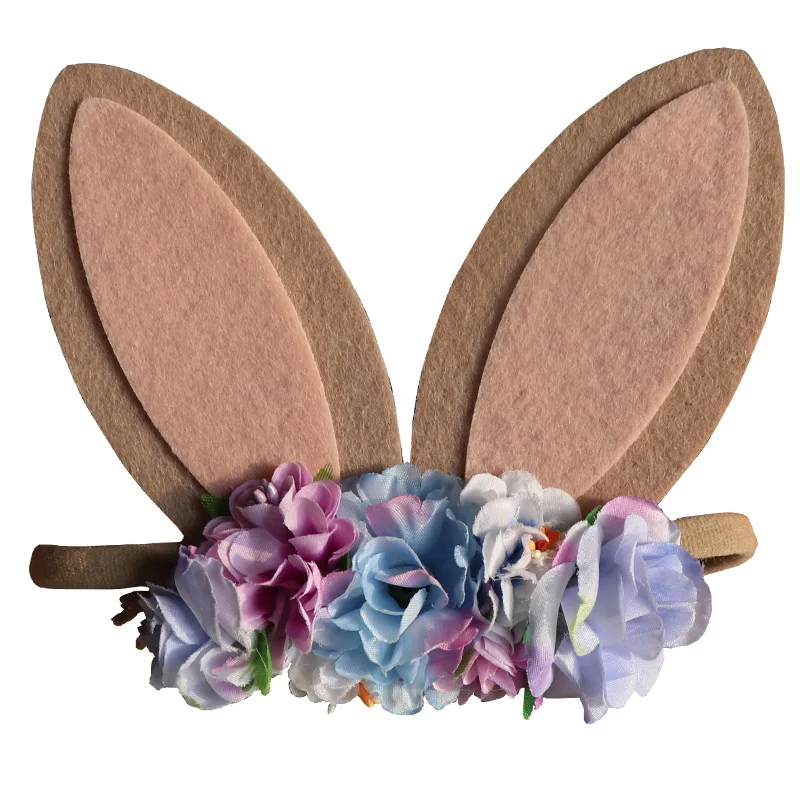 Felt rabbit ear photography nylon baby headband bunny ear flower Hairband kids hair tie