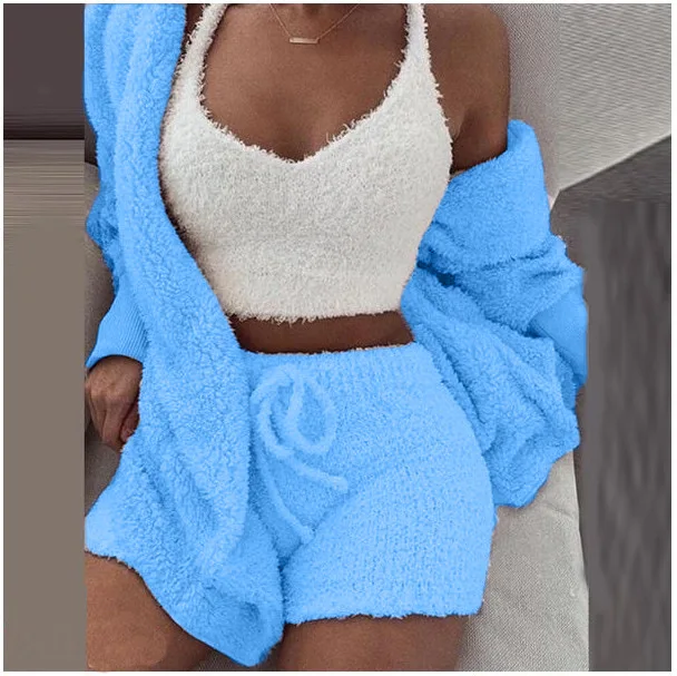 Fashion Women Spring Pajamas Women Sleepwear Sets Solid Plush Hooded Robe + Vest + Shorts 3pcs Nighty Sexy Pajama