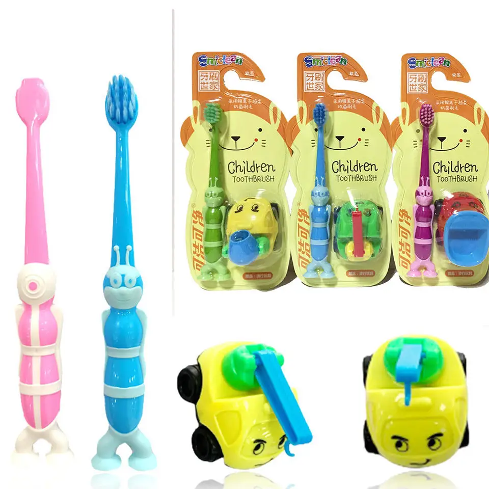 Top Suction cup cover anti-slip handle children tooth brush with car toy