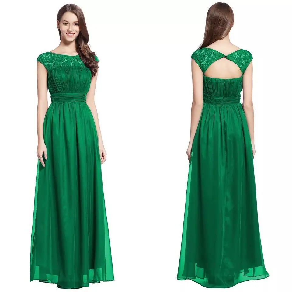 
Womens Long Bridesmaids Wedding Maxi Dress Chiffon Short Sleeve Elegant Lace Round Neck Bridesmaid Ladies Evening Party Dresses 