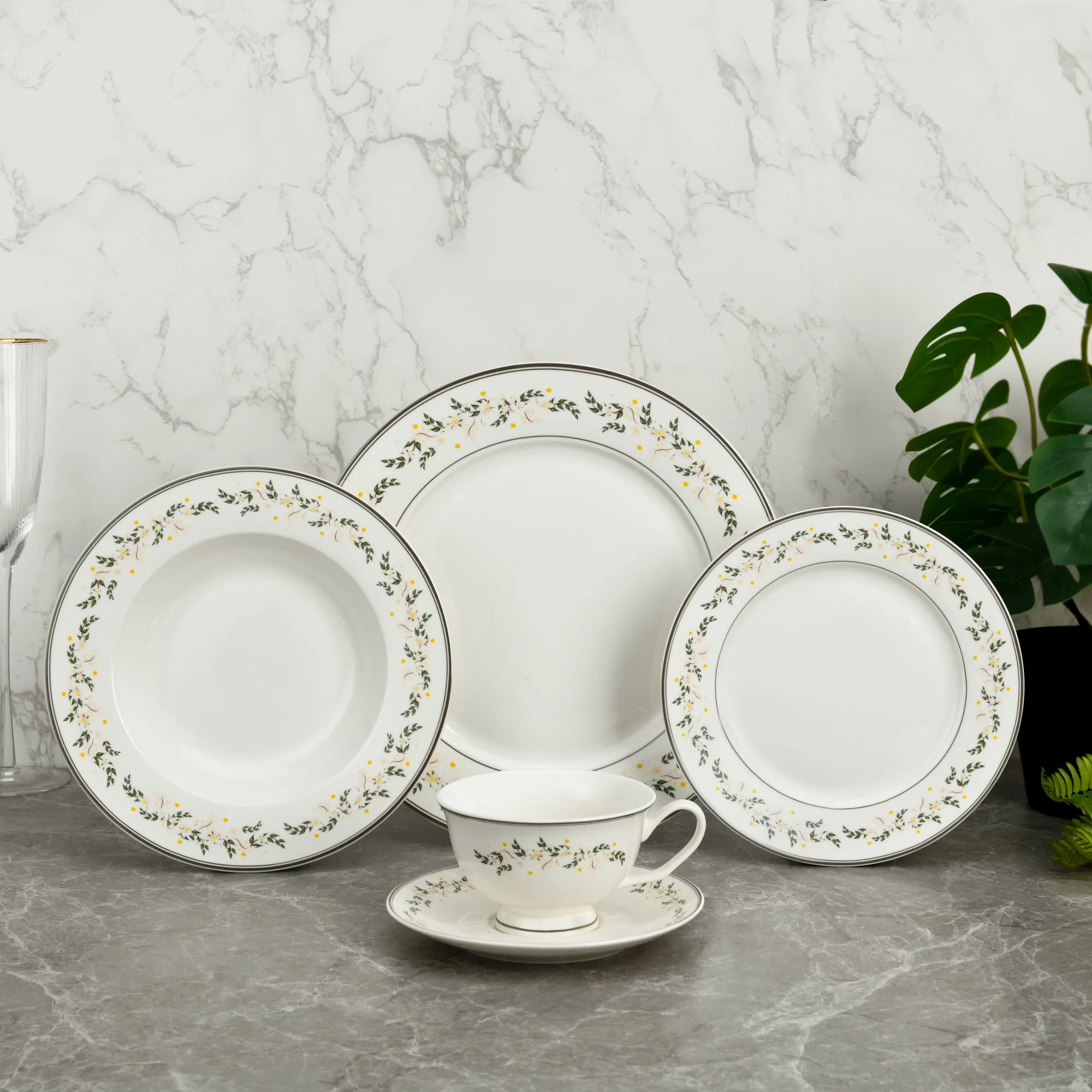 Magnoble 20pcs Modern Luxury Bone China Plate Set Dinnerware Fine Chinese Porcelain Tableware Dinner Plates Set