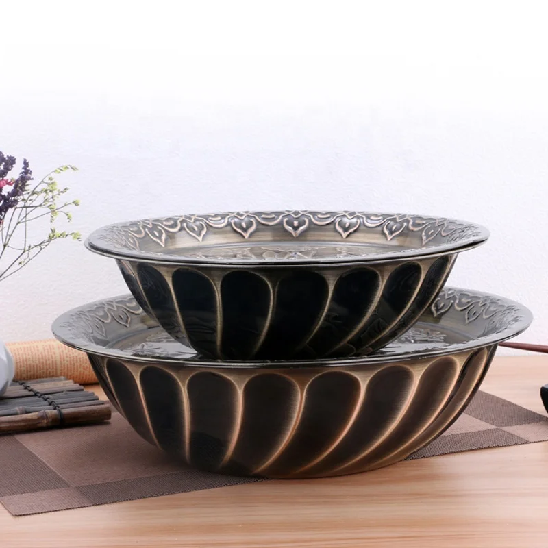 Kitchen Stainless Steel Round Basin Serving Bowl Basin with Lid Flower Design Dinner Set Gold Plate