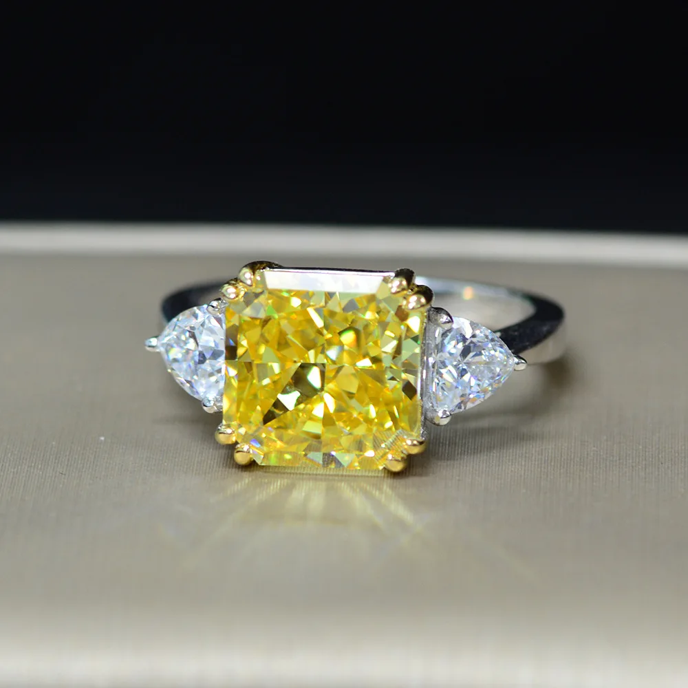 
2020 New Style 10*10mm Yellow Big Lab Diamond 925 Sterling Ring Wedding Ring Cushion Shape Women Engagement Ring 