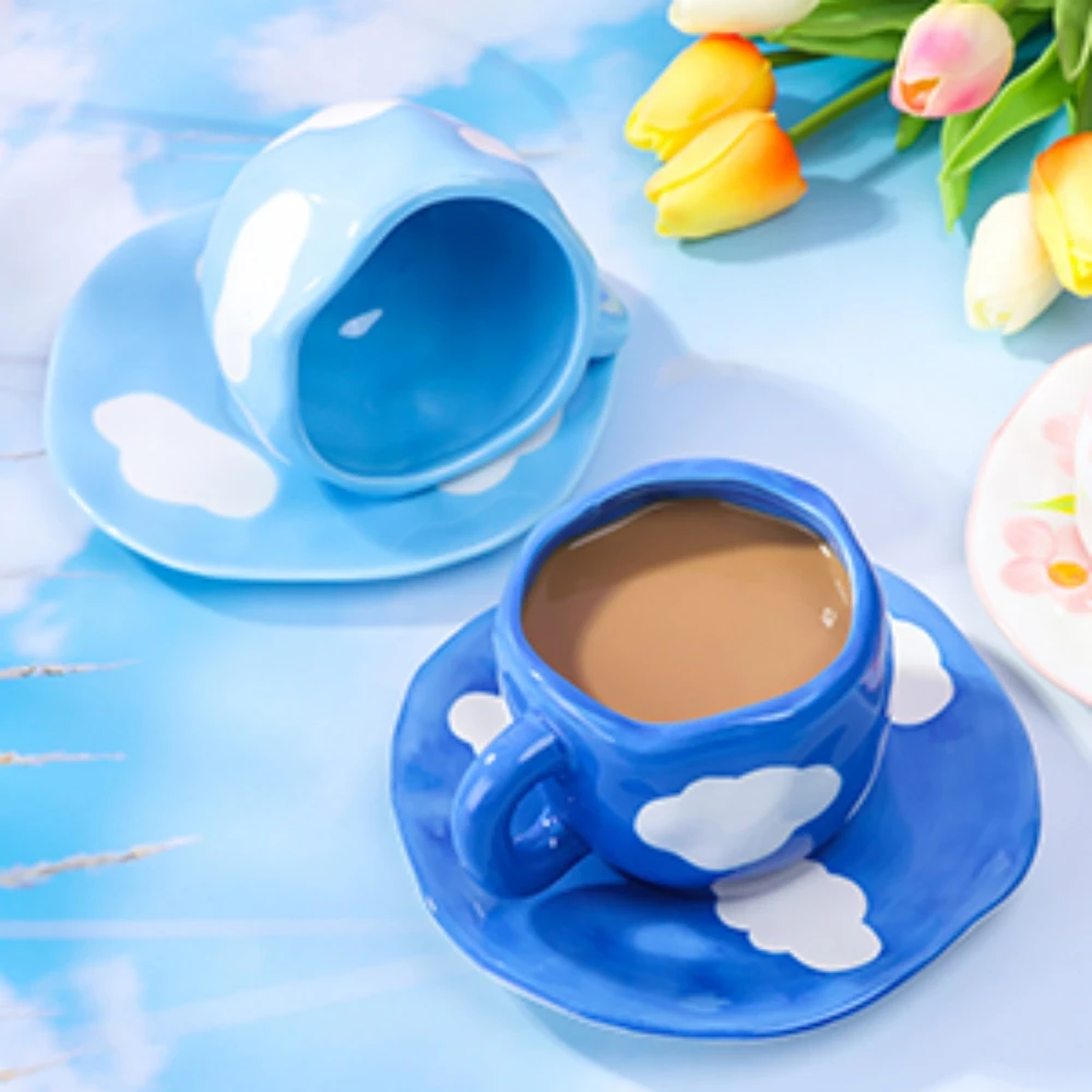 Hot sale nordic style 10oz ceramic cloud tea cups set with saucer cute porcelain coffee cup reusable eco-friendly