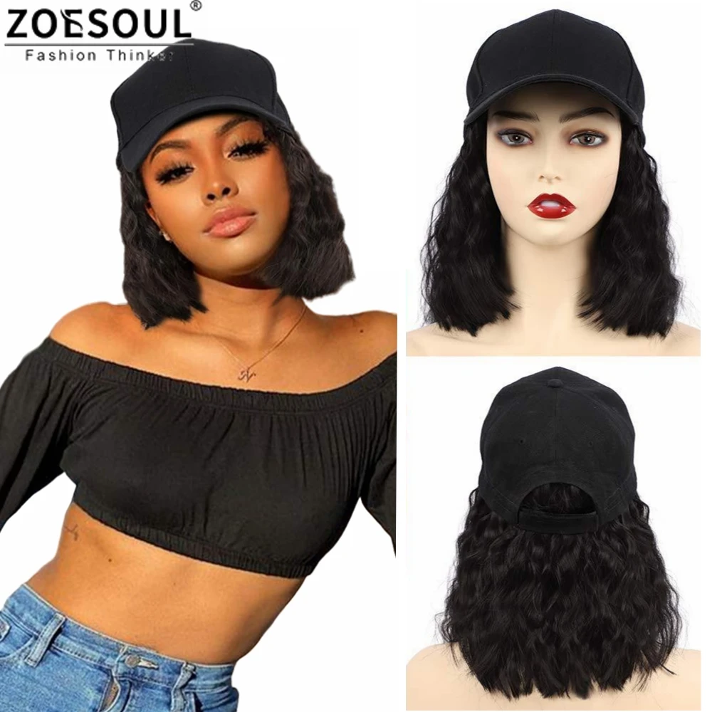 Hot Baseball Cap with Curly Hair Extension 14inch 160g Short Bob Hairstyle Adjustable Removable Hat Wig for women girl