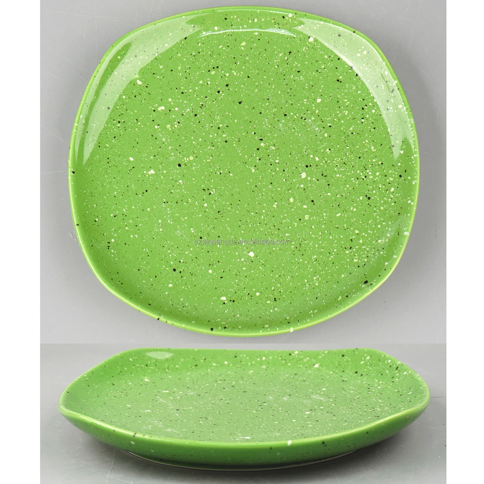 Popular Design Creative Sesame Dots Fruit Dessert Square Ceramic  Plate Green with Speckles High Quality  Durable Porcelain