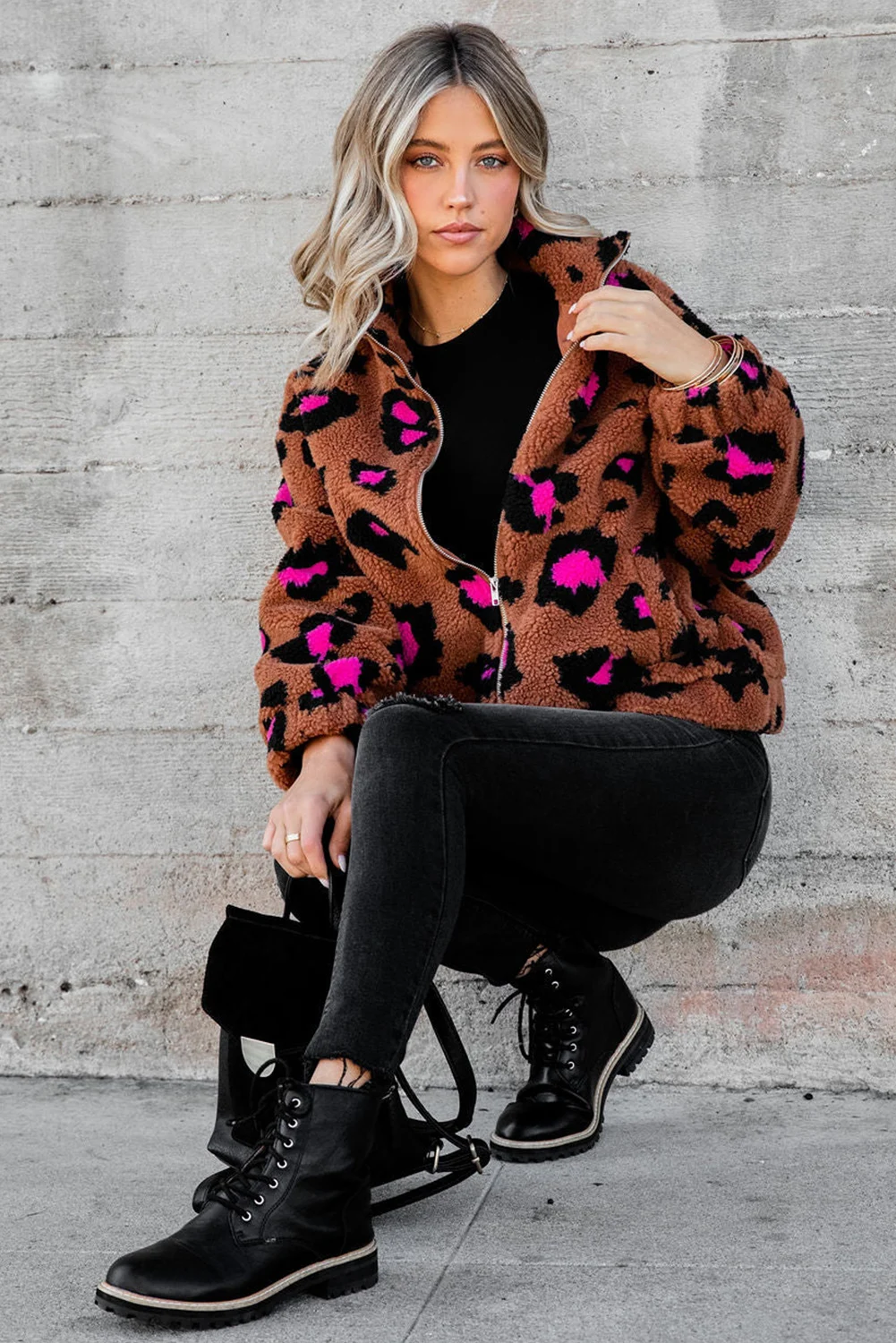 Dear-Lover Western Clothing Custom Winter Warm Leopard Zip Up Stand Collar Sherpa Teddy Women Fleece Jacket