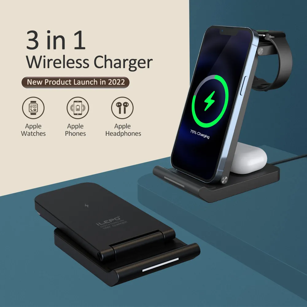 Qi/CE/FCC/ROHS RCD Certified 15W ilepo iw10 Fast Charging Holder Stand Portable foldable 3 in 1 Multifunction Wireless Charger