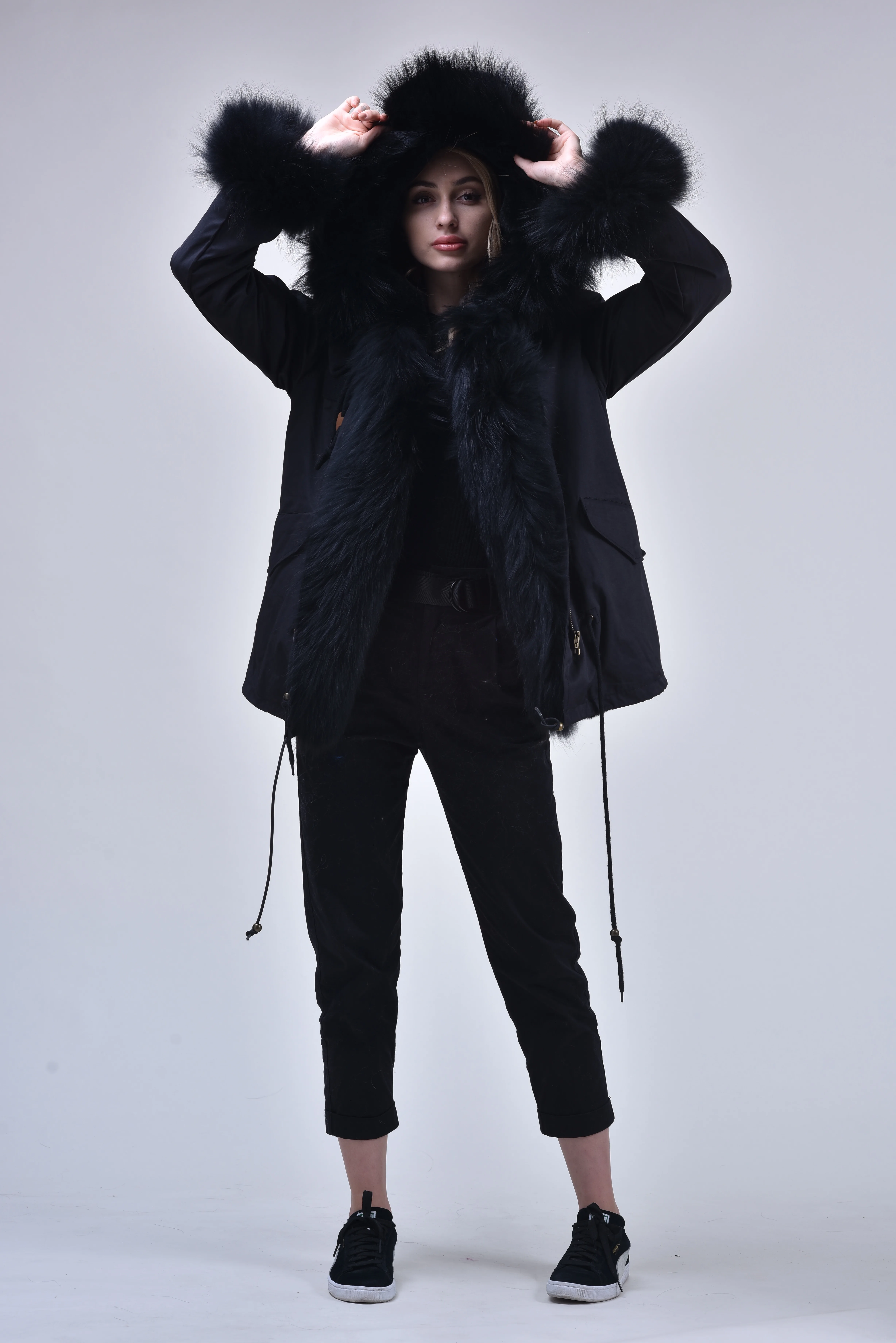 Good Price Raccoon Fur Bomber Jacket Wholesale Real Fur Hooded Winter Coat for women