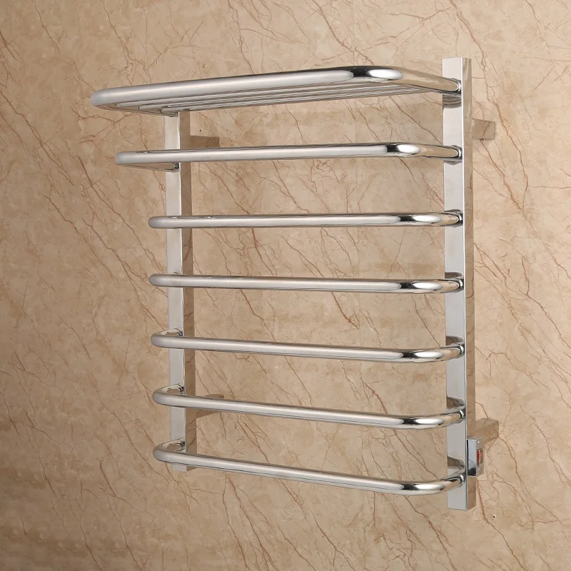 HUAHANG 7 Bar Wall Mounted Towel Warmer with Top Shelf in Mirror Polish Stainless Steel Heated Towel Rack For Bathroom