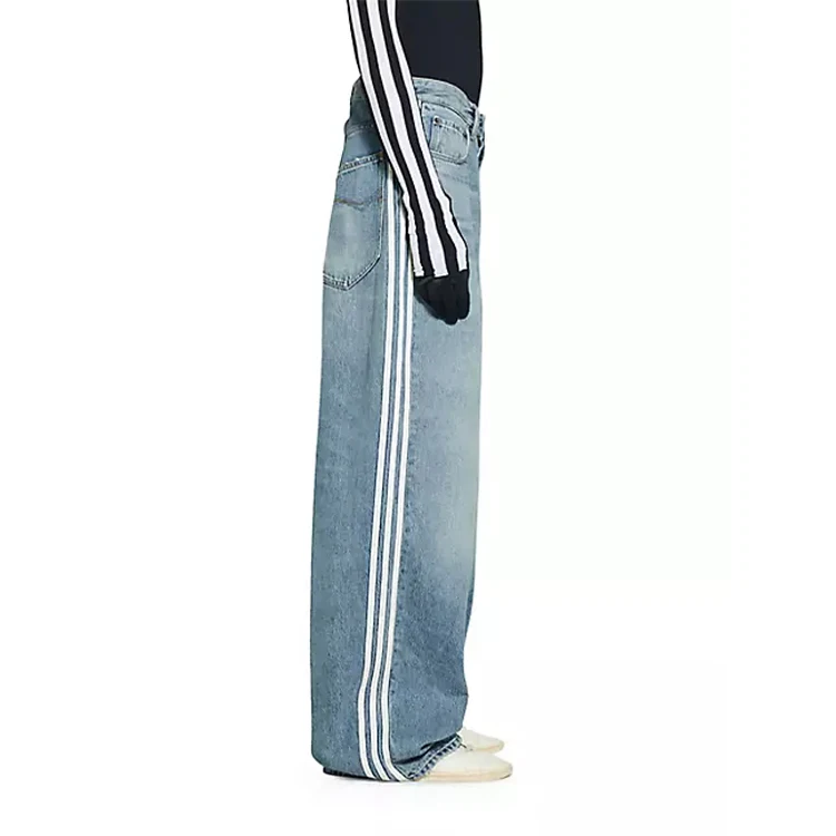 AeeDenim Custom Denim Streetwear Baggy Jeans Washed Wide Leg Jeans Pants Fashion Striped Decorative Straight Denim Jeans Men
