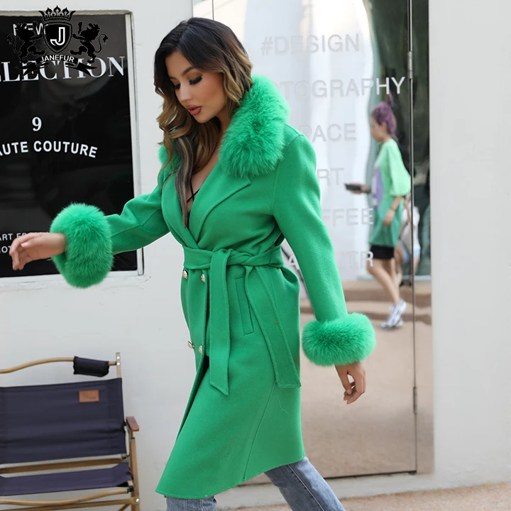 New Design Loose Size Cashmere Coat Luxury Fox Fur Collar Winter Belt Oversize Double Faced Wool Coats Women