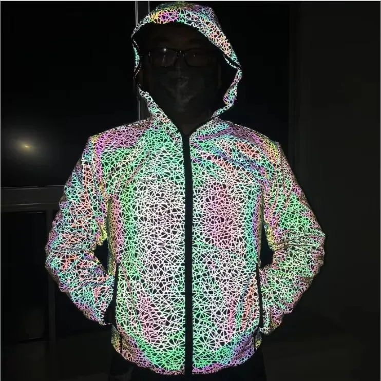 high visible bird net printing pattern waterproof zipper light iridescent reflective hip hop casual outwear hoodie jacket coat