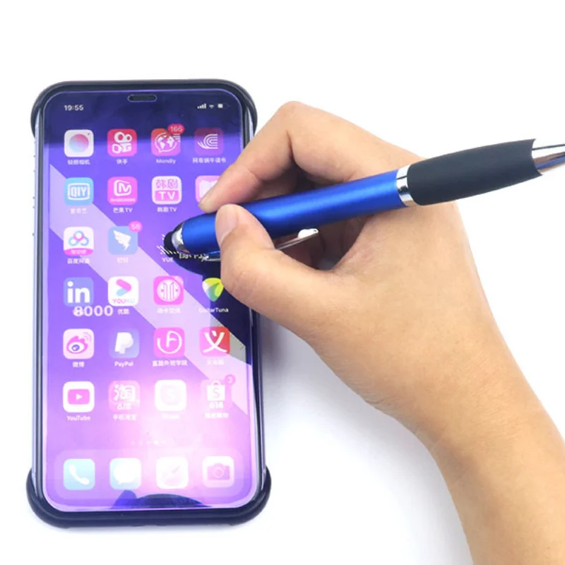 Рекламная светодиодная ручка с резиновым зажимом рекламный Пластиковый Стилус сенсорным экраном шариковые ручки лазерным логотипом для страхования