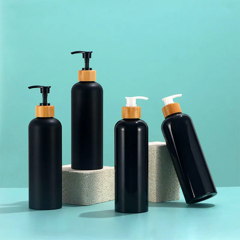 Free Sample Reusable 250ml 300ml Round Shoulder Bamboo Wood Pressed Emulsion Bottle for Cosmetic Packaging Frosted PET Bottle