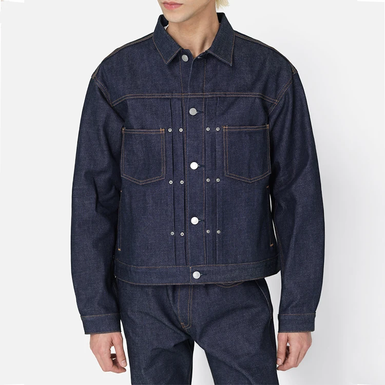 Custom Men Utility Heavy Coats Washed Jeans Jacket Ropa Vintage Premium Button Up Oversize Pleated Textured Denim Jacket For Men