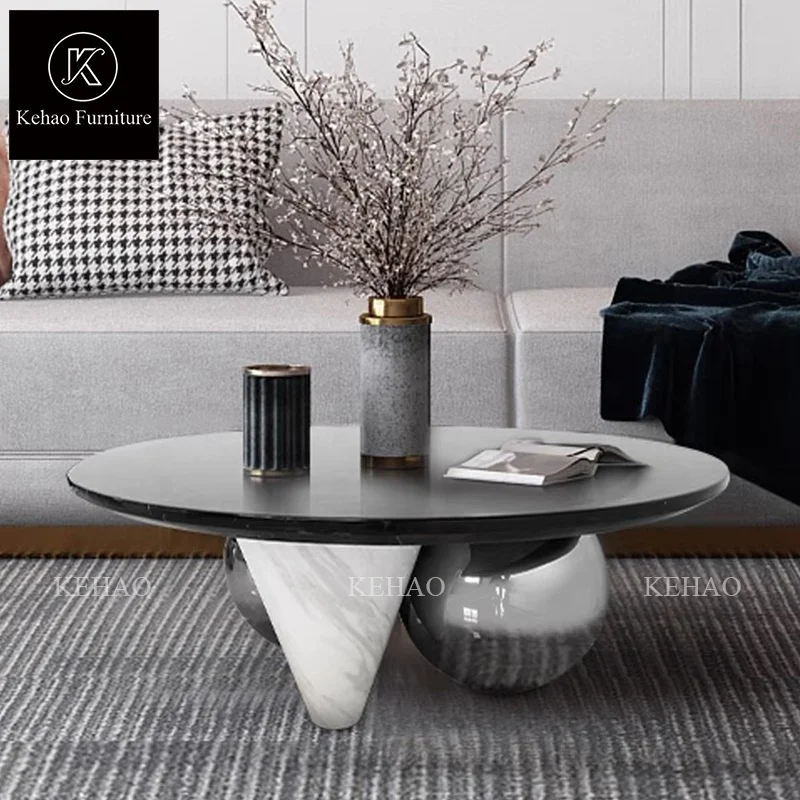 Wholesale art furniture marble top coffee table luxury classic silver stainless steel 2 ball base coffee table for living room