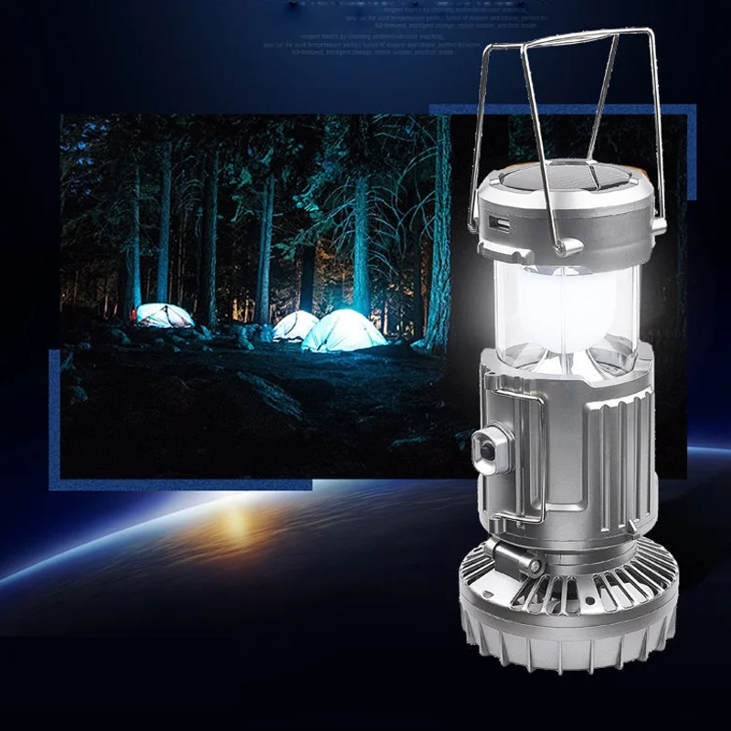 Outdoor Usb Rechargeable Solar Led Tent Hiking Lamp Lanterns Fan Usb Rechargeable Camping Emergency Light With Hanging Hook