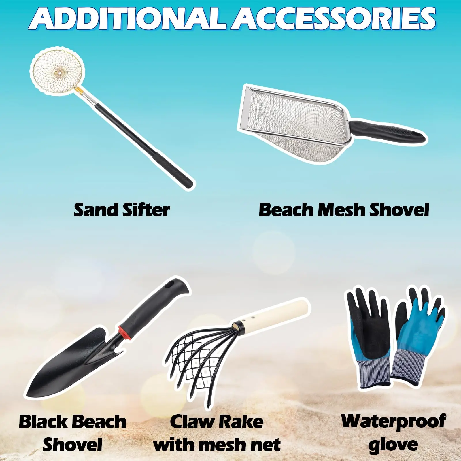 JH-Mech Sand Sifter Beach Mesh Shovel Claw Rake Blunt Teeth Edge Wide Basket Stainless Steel Sand Rake