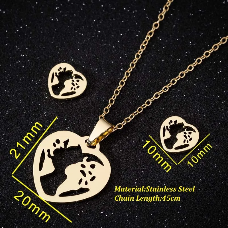 
CLARMER New style personalized stainless steel world map pendant necklace bracelet black stud earrings set wholesale 