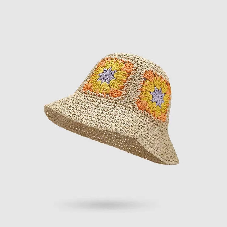 manufacture custom designer famous brand flower knitted small brim boho straw bucket hat mujer unisex colorful folding sun cap