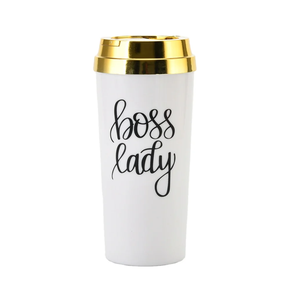2021 Hot Sale Boss Lady Inscription 16oz Plastic Resuable Coffee Mug Double Wall Cups With Gold Lid