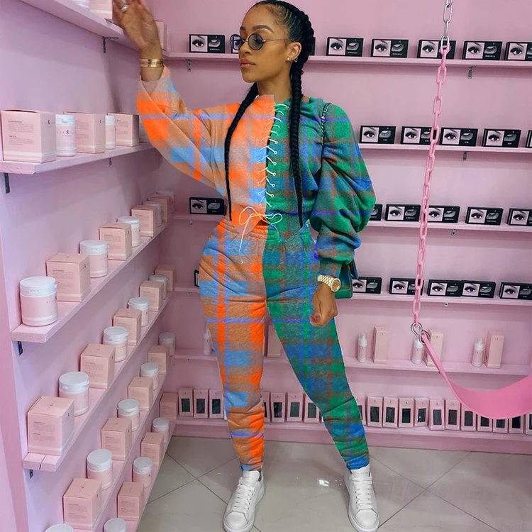 Популярная женская одежда 2021, трендовый осенний клетчатый укороченный топ с принтом, комплект из 2 предметов, осенний наряд большого размера, женская одежда