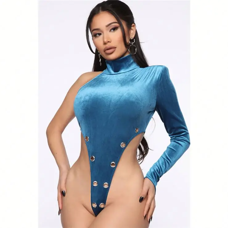 
1219M100 new stylish round neck one shoulder velvet bodysuit and pant Winter Clothes Outfits Women Two Pieces 