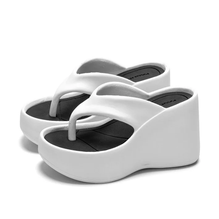 Summer outdoor beach EVA thick sole black  white wedge flip flops slippers for women and ladies
