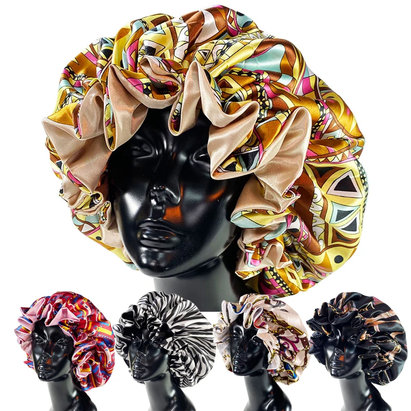 Высококачественная очень большая Ночная шапочка для сна Женская эластичная двухслойная Двусторонняя шелковая Атласная волос