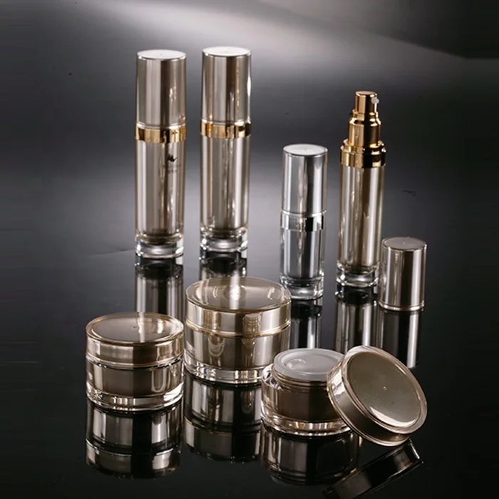 2021 empty luxury cosmetic packaging 50ml 100ml gold airless pump bottle acrylic mini jar for cream