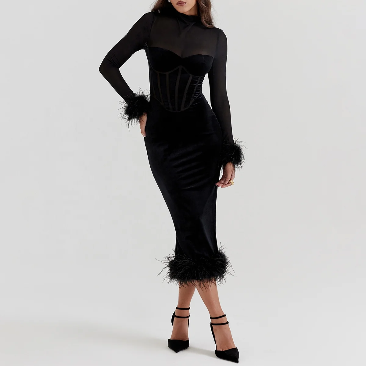Trendy Black Velvet Midi Dress Elegant Evening Cocktail Wear Must-Have Fashion Custom Dresses
