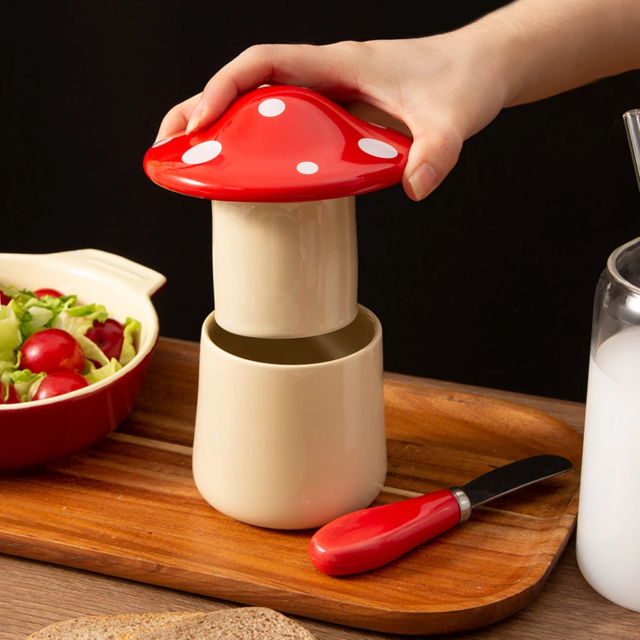 Cute porcelain butter dish solid cheese container Modern mushroom shape Countertop French Ceramic Butter Dish Keeper with Lid